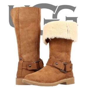 Ugg Braiden Fold‎ Over Cuff Boots Brown Suede Sheepskin Shearling Lined Wms 9.5